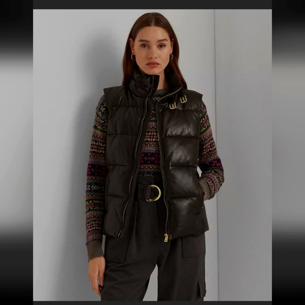 NWT Ralph Lauren Black Label Quilted Lambskin Puffer Vest Brown Size 14​